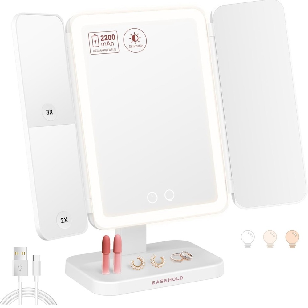 NEW! Lighted Makeup Mirror Rechargeable 2X/3X Magnification Trifold Portable